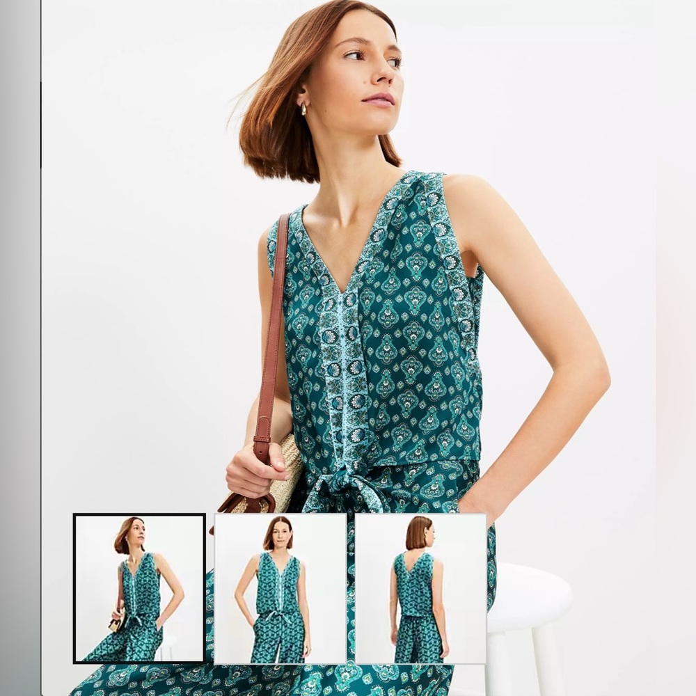 LOFT Teal Paisley Print V-Neck Tie-Waist Camisole